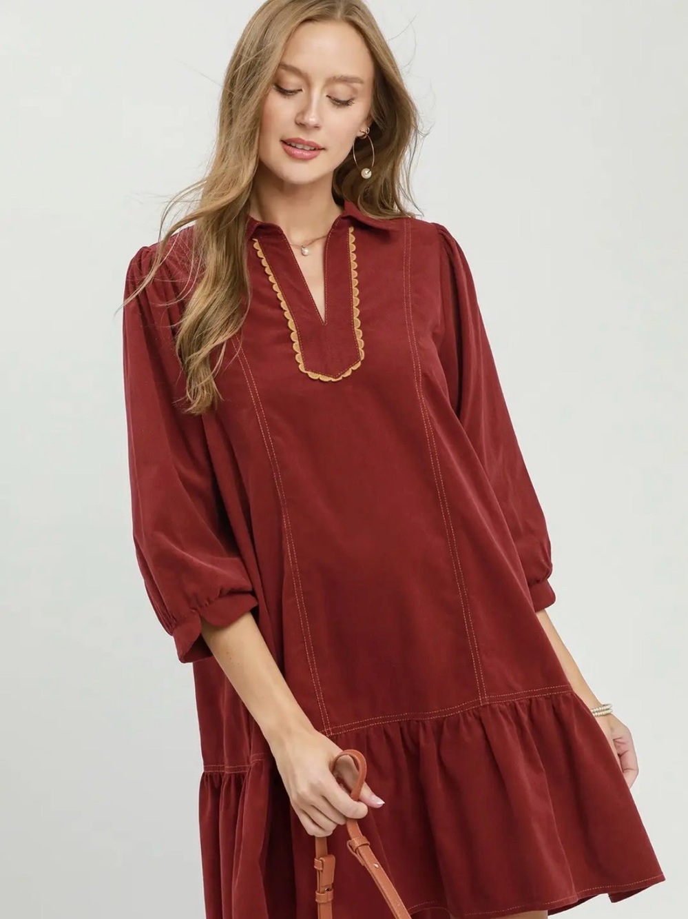 Umgee Corduroy Contrast Trim Tiered Babydoll Dress